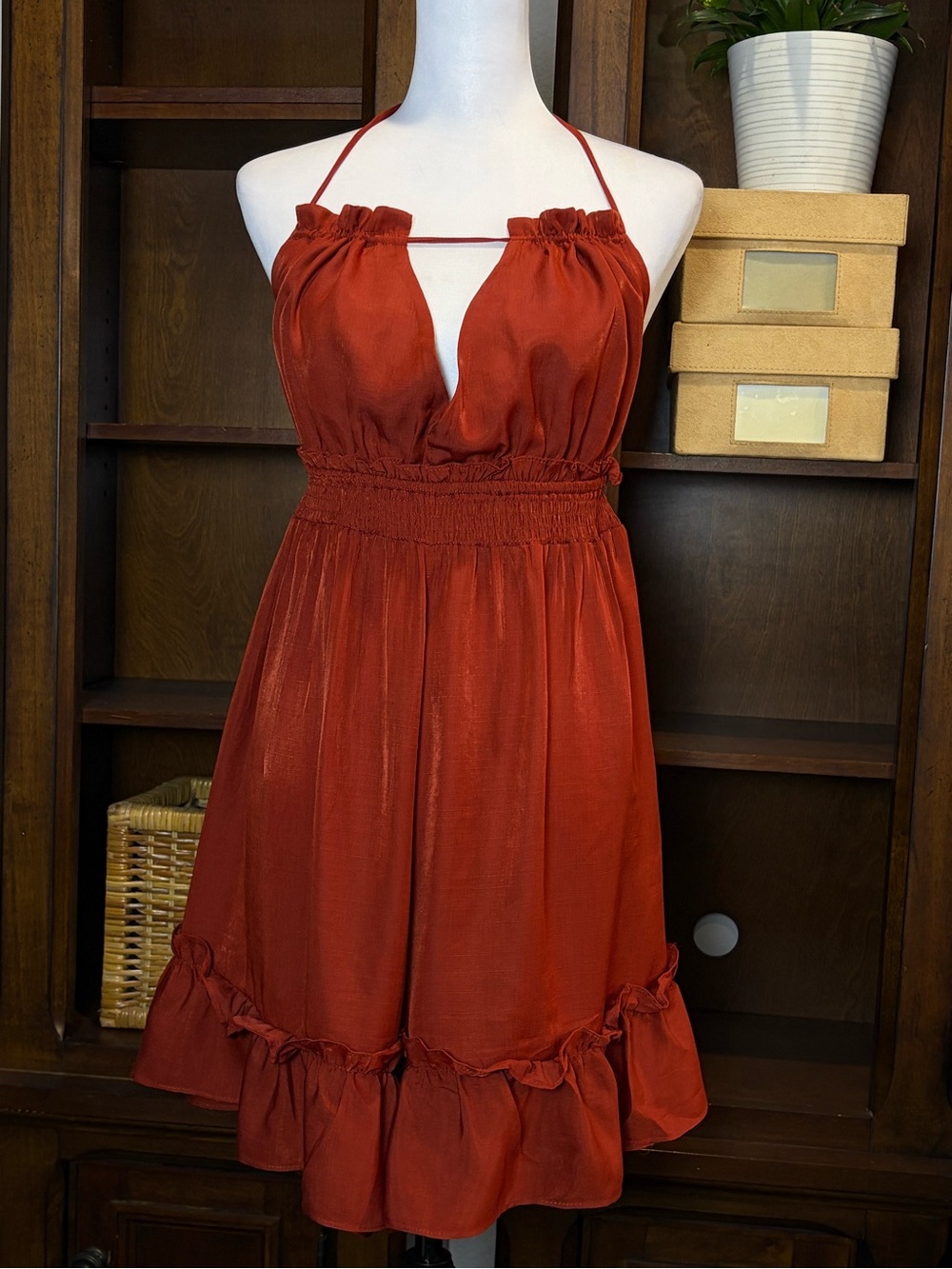 Nasty Gal Rust Red Halter Chic Summer Vacation Ruffle Romper | Size 10 - Picture 2 of 12